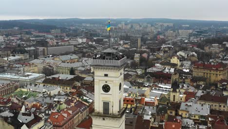 Flying-around-the-city-center-tower-in-Lviv,-Ukraine
