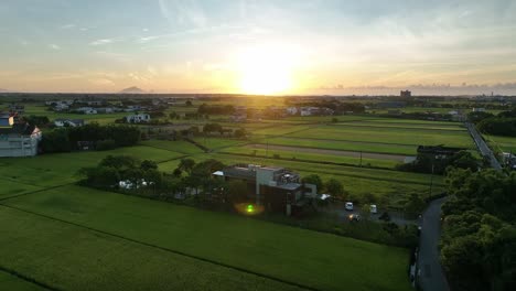 Aerial-view-of-rural-countryside-with-luxury-houses-during-sunrise-in-Taiwan
