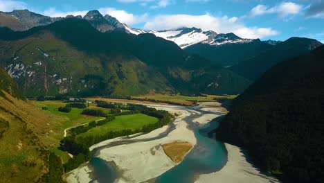 Aerial-view-of-Matukituki-River,-Mount-Aspiring-in-the-background,-Mount-Aspiring-National-Park,-South-Island,-New-Zealand,-Summer
