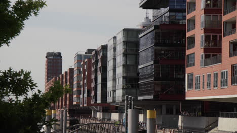 Modern-architecture-at-Sandtorkai-Sandtorhafen,-Hafencity,-Hamburg,-Germany,-Europe-on-a-sunny-day-in-summer