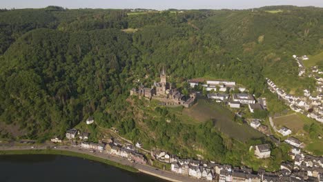 Closing-Shot-Of-Cochem-Castle-Flying-Over-Cochem-And-Moselle-River