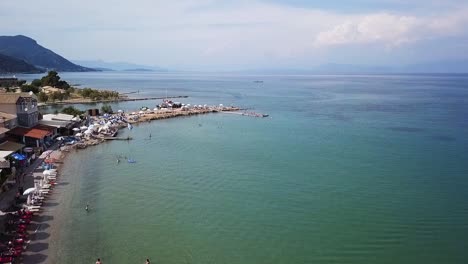 Greece,-Corfu-Island,-drone-footage-of-Messonghi-Beach,-Moraitika