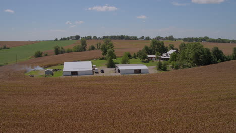 Aerial-of-a-farm-with-a-woodshed-and-a-farmhouse-in-the-midwest