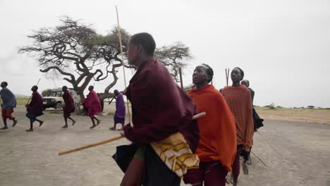 Massai-stammmänner,-Die-Willkommenstanz-Für-Touristen,-Serengeti-nationalpark,-Tansania-Aufführen