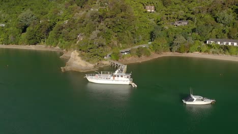 Barcos-Atracados-En-La-Bahía-Por-La-Playa-Durante-El-Verano-En-Los-Sonidos-De-Marlborough,-Nueva-Zelanda