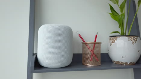 Linksschwenk-Eines-Apfel-Homepods-Auf-Einem-Modern-Aussehenden-Bücherregal-Neben-Einem-Bleistifthalter---Pflanze