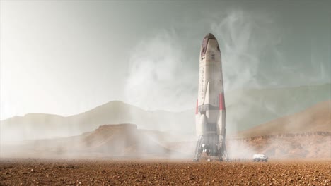 Transbordador-Espacial-De-Aterrizaje-De-Marte-En-La-Superficie-De-Marte-Con-Humo-Blanco-Saliendo-De-Su-Motor