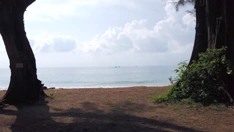 Landschaftsansicht-Des-Meeres-Mit-Weißem-Sandstrand-Landschaft-In-Der-Sonnigen-Sommertageszeit-In-Phuket,-Thailand,-Mit-Seekiefer-Im-Vordergrund-4k-uhd-video