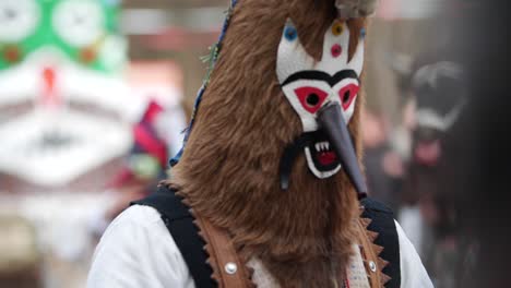 Lustig-Aussehende-Pelzmasken-Mit-Der-Bulgarischen-Flagge-In-Einem-Der-Tanzenden-Teilnehmer