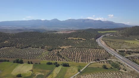 Aerial-pan-shot-of-a-highway-in-the-south-of-Spain-surrounded-by-fields-of-olives