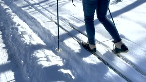 Frau-Skilanglauf-Auf-Schwarzen-Skiern-Tagsüber---Aufnahme-Aus-Niedrigem-Winkel