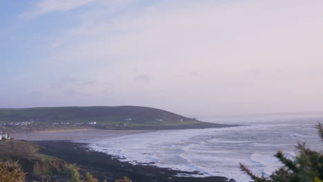 Panoramic-view-of-Saunton-Sands-from-Baggy-Point-in-Devon,-UK