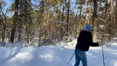 Woman-Doing-Cross-Country-Skiing-In-Snow-Covered-Forest-Road-On-Sunny-Day---wide-shot