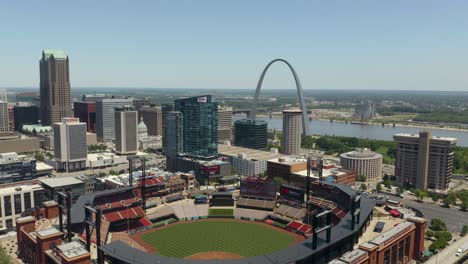 Aerial-Pullback-Reveals-Busch-Stadium-with-Gateway-Arch-in-Background