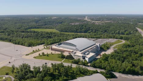 Aerial-Orbiting-Shot-Above-University-of-Missouri-Basketball-Arena