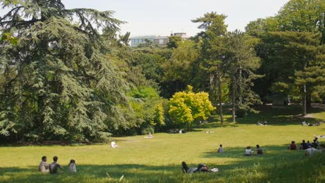 Camera-panning-along-the-Montsouris-park-in-Paris-showing-people-relaxing-in-groups---picnic-spot-in-Paris