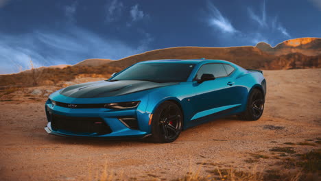 Muscle-blue-car,-Chevrolet-Chrysler-Camaro,-race-car-illustration-in-desert,-timelapse,-sky-replacement,-luxury-modern-car