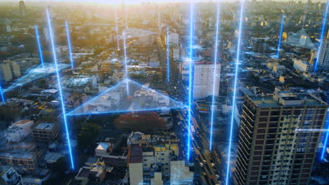 Aerial-drone-shot-of-future-concept-with-glowing-digital-lines-connecting-city---Urban-Traffic-on-Road-surrounded-by-buildings-and-skyscrapers-of-Buenos-Aires---Prores-footage