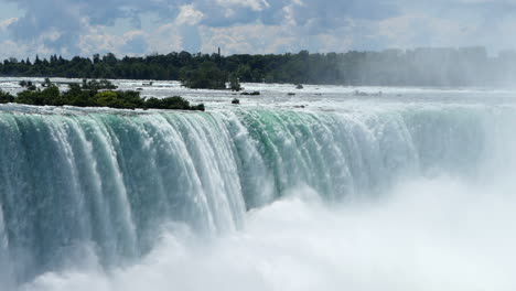Beautiful-and-Stunning-Niagara-Falls,-Mist-Slowly-Rising-in-front-of-Waterfall-Brink,-Famous-Tourist-Landmark,-Slow-Motion-Medium-Static-Shot