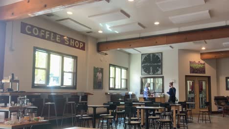 Static-interior-shot-of-a-local-coffee-shop-with-people-ordering-take-away-drinks