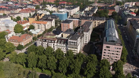 Scandic-Park-Hotel,-Stockholm---Aerial-Fly-In-Tilt-Down-Over-Courtyard