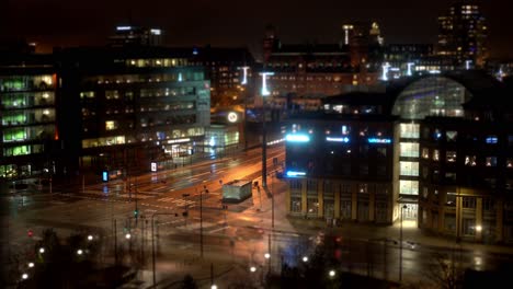 Timelapse-and-Tilt-Shift-View-in-Low-Light-Towards-the-Crossing-at-Anna-Lindhs-Plats-in-Malmö,-Sweden