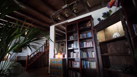 Colonial-house-interior-with-plants-and-dark-wood-on-the-roof-and-shelving
