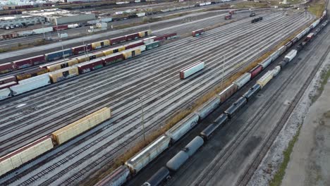 aerial-drone-footage-of-MacMillan-CN-Train-Yard-in-Vaughan,-Canada