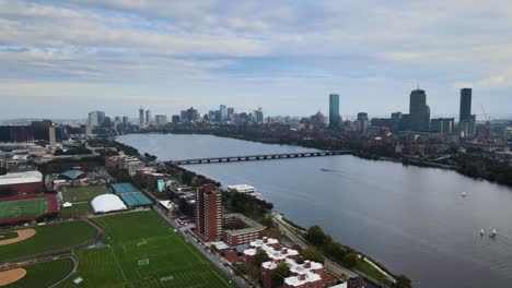 Aerial-view-around-the-Harvard-Bridge-on-he-Charles-River-in-Boston,-USA---circling,-drone-shot