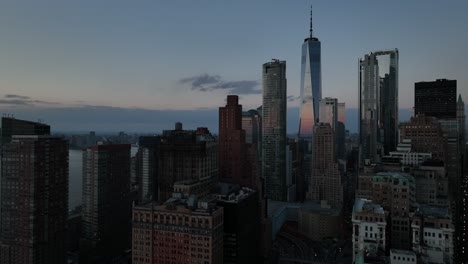 An-aerial-view-of-lower-Manhattan,-NY-on-a-beautiful-evening-just-before-sunset