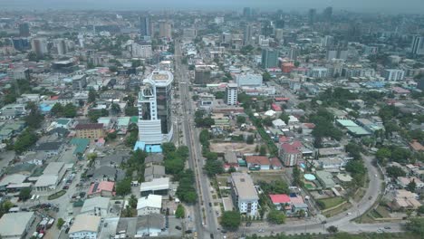 Victoria-Island-Lagos,-Nigeria---20-Feb-2022:-drone-view-of-cars-and-traffic-on-Ahmadu-Bello-Way,-Victoria-Island-Lagos