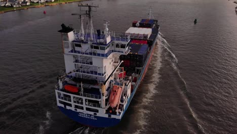 Aerial-View-From-Stern-Of-Greetje-Cargo-Ship-Rising-Over-Accommodation-And-Bridge-Along-Oude-Maas