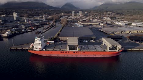 Aerial-view-of-cargo-ship-docked-at-Vancouver-harbor,-Canada