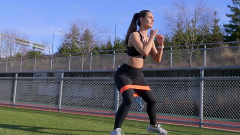 Athletische-Frau,-Die-Kniebeugen-Mit-Einem-Widerstandsband-Ausübt