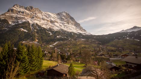 Day-to-Dusk-Timelapse-of-Eiger-North-Face-in-Grindelwald,-Switzerland,-in-springtime