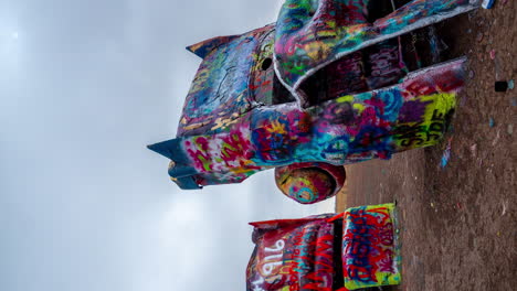 Vertical-4k-Motion-Time-Lapse-of-Cadillac-Ranch,-Amarillo,-Texas-USA