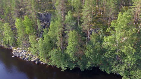 Drone-footage-of-ice-age-molded-steep-rocky-shoreline-of-a-forest-lake-in-the-borealis-wilderness