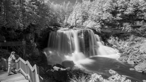Schwarz-Weiß-Kinobild-Von-Jemandem,-Der-Von-Einer-Promenade-Aus-Zusieht,-Wie-Blackwater-Falls-Wasser-Durch-Eine-Schlucht-In-West-Virginia-Gießt