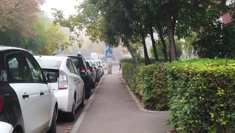 Bucharest,-Romania---October-:-Walking-on-the-foggy-street-of-Bucharest,-walk-on-the-alley-in-the-morning,-autumn-season