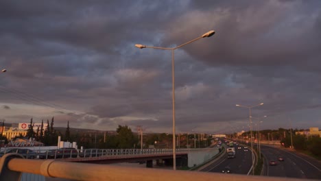 Pan-shot-of-national-highway-of-Greece-,taken-from-Varympompi-bridge-intersection-on-a-cloudy-day