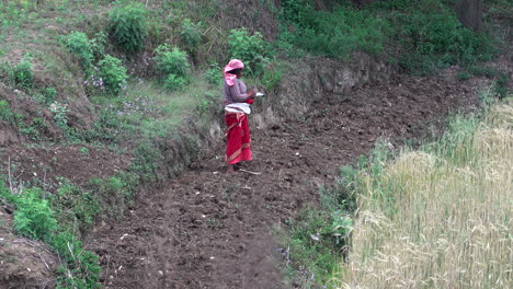 Kathmandu,-Nepal---April-21,-2020:-A-woman-working-in-a-field-just-outside-of-the-city-of-Kathmandu,-Nepal