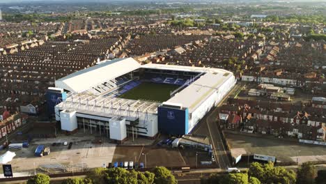 Iconic-Goodison-Park-EFC-football-ground-stadium-aerial-view,-Everton,-Liverpool-dolly-left