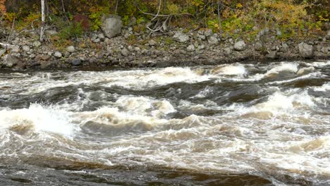 Rapid-white-river-flow-cascading-on-rocks-while-current-brings-it-down-a-valley