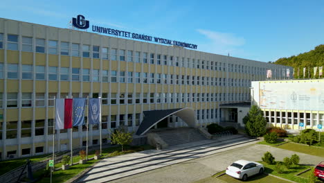 Front-Facade-Of-Faculty-Building,-Economics-Department-Of-University-Of-Gdansk-In-Poland---wide-shot