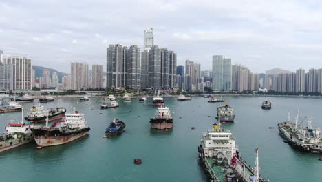 Hong-Kong-Bay-Und-Skyline-An-Einem-Schönen-Tag,-Luftbild