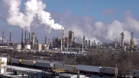 Ölraffinerie,-Die-Die-Luft-Mit-Der-Globalen-Erwärmung-Verschmutzt,-Während-Der-Zug-Vorbeirollt