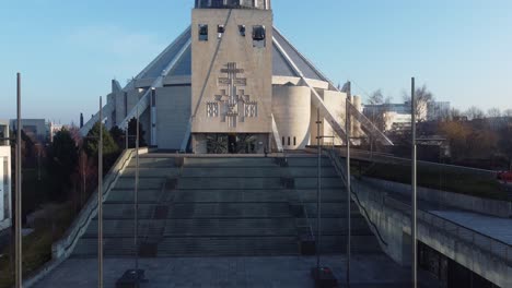 Liverpool-Metropolitan-cathedral-aerial-descend-to-ground-contemporary-city-famous-landmark-staircase