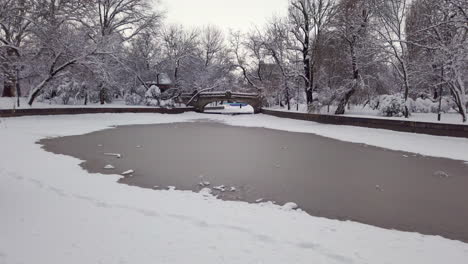 Old-stone-bridge-over-the-frozen-lake-in-Cismigiu-Garden,-Bucharest,-Romania