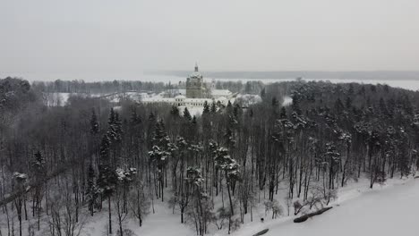 Pazaislis-monastery-in-Kaunas-in-aerial-drone-ascend-winter-shot
