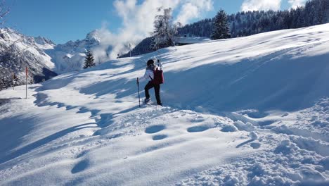 One-woman-walking-on-the-snow-with-snow-shoes-and-walking-sticks